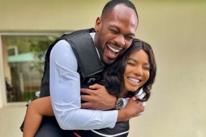 Nancy Isime Carries Daniel Etim Effiong On Her Back